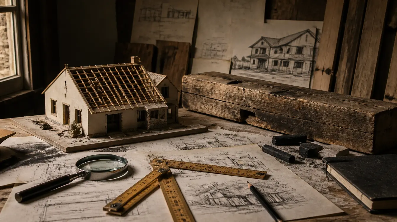 A scale model of a house surrounded by architectural sketches, rulers, and timber planning materials.