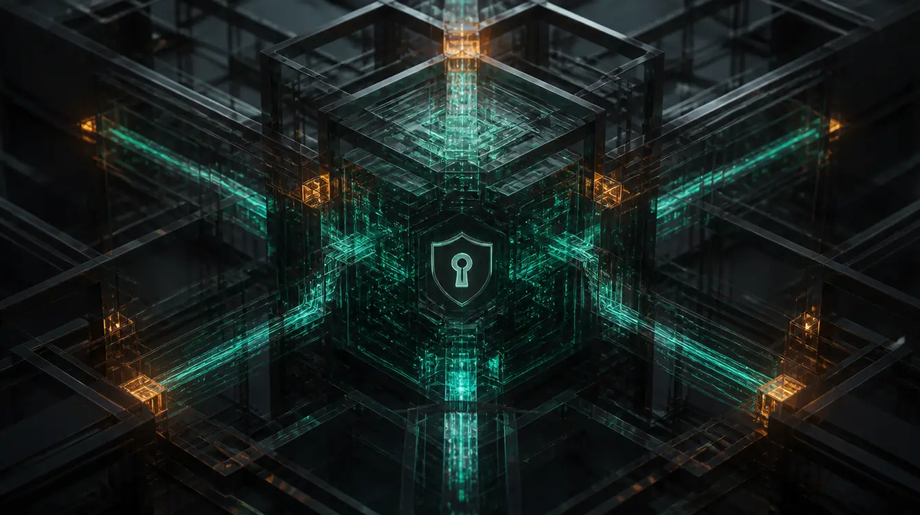 A defensive security bastion with encrypted network pathways and obsidian glass nodes.