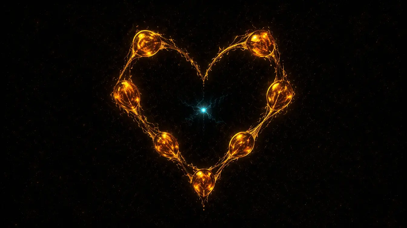 Seven amber nodes arranged in the shape of a heart around a cyan centre.