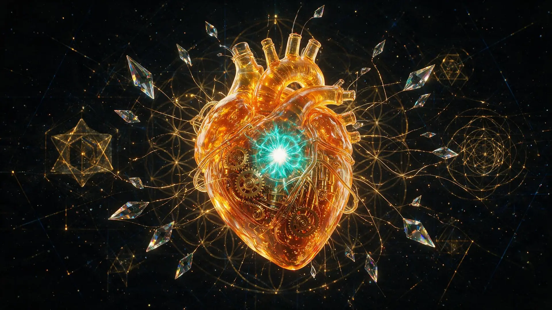 An abstract machine heart of molten amber glass, the operational core of Jo Cor Hub.