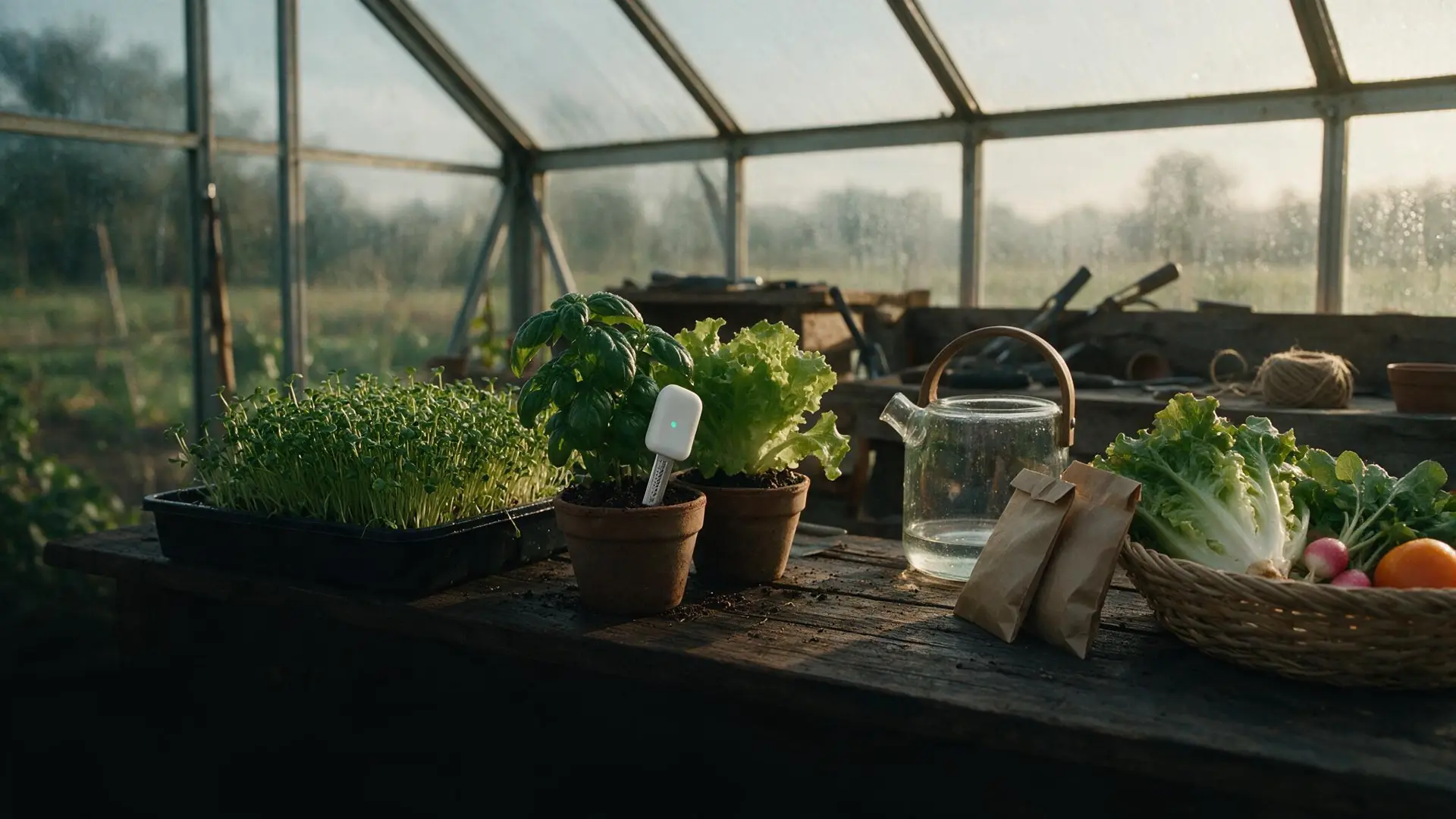 A quiet greenhouse setting with microgreens, healthy soil, and morning sunlight.