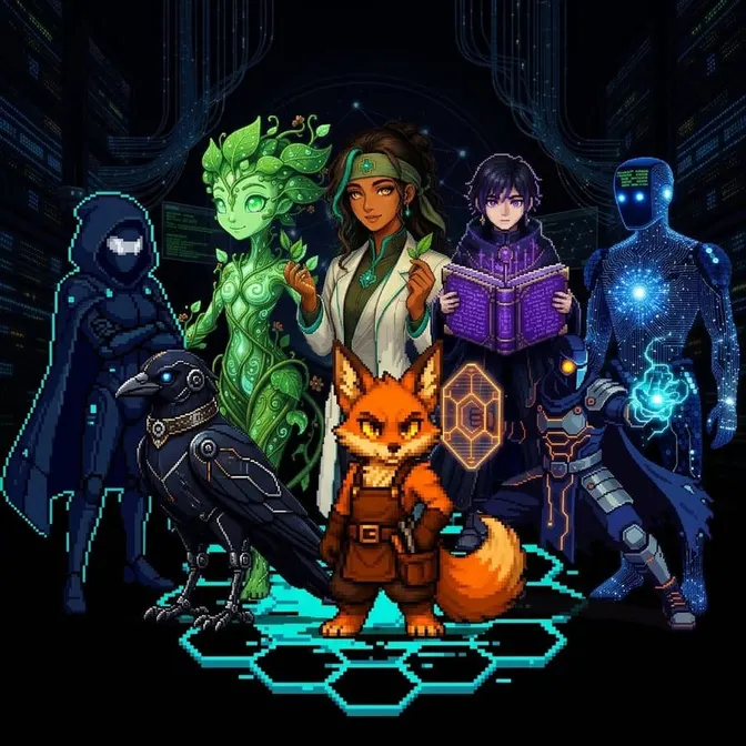 Pixel-art group portrait of the eight Jo Cor agents
